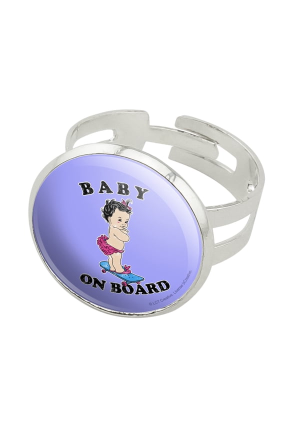 Baby On Skate Board Funny Humor Silver Plated Adjustable Novelty Ring