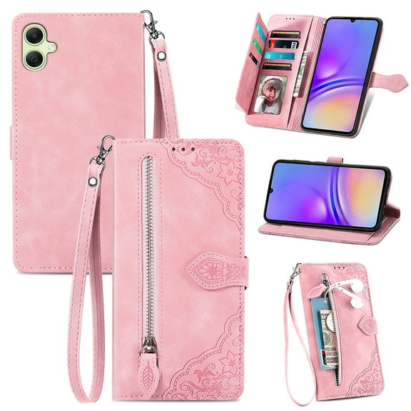SYITOOCK Phone Case for Samsung Galaxy A05, Shockproof PU Leather Wallet Case with Card Slots Anti-Scratch Stand Magnetic Flip Zipper Pocket Cover for Samsung Galaxy A05, Pink