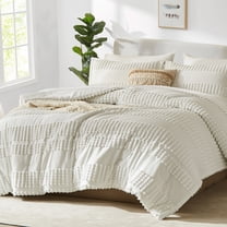 Flymme White Comforter Set Queen Size Boho Bedding Shabby Chic 7-Piece Bed in a Bag Pom Pom Textured Comforter Set with Sheets for All Season