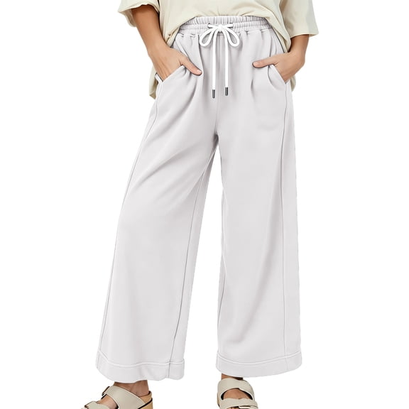 Zpanxa Wide Leg Sweatpants Women Elastic Drawstring Waist Loose Fit Solid Color Casual Lounge Athletic Trousers