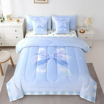 Erosebridal Kawaii Cartoon Bow Bed in a Bag Twin Size, Geometric Gradient Grid Bed Set, Reversible 7 Pieces