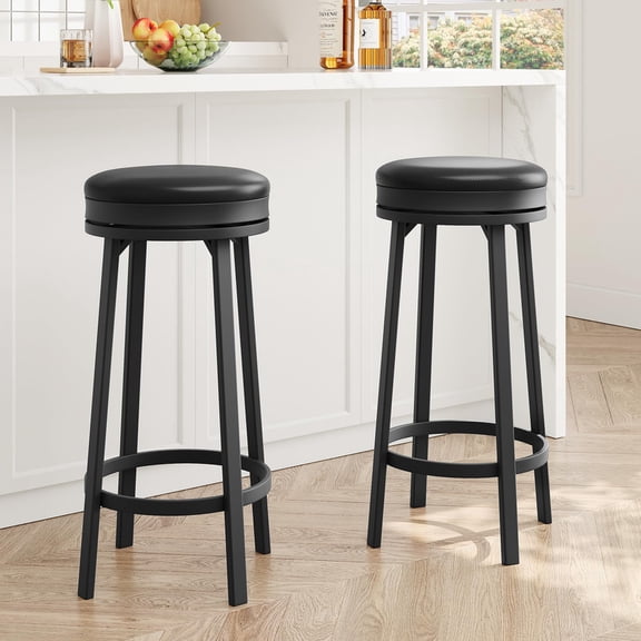 Swivel Bar Stools Set of 2, 30" Counter Height Backless Barstools with Footrest, PU Seat & Metal Frame,Modern Round Bar Stools for Kitchen Bar, Black