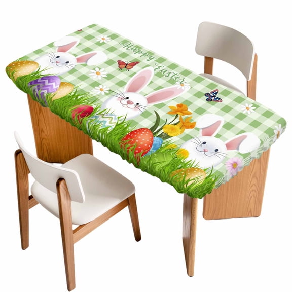 Easter Bunny Table Cloths for 5 Foot Rectangle Tables, Spring Easter Eggs Floral Sage Green Plaid Patio Waterproof Elastic Fitted Tablecloths, Washable Rectangular Table Cover for Camping