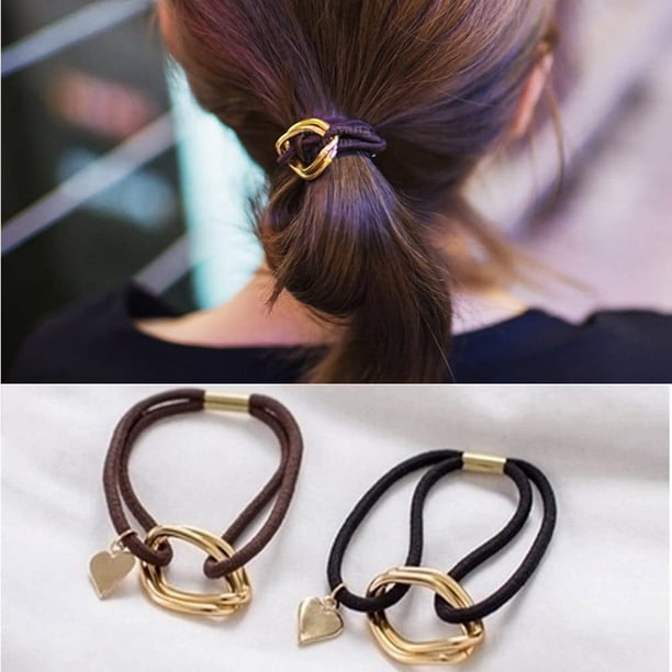 2 uds., banda de Metal chapada en oro a la moda, coleta, lazo para el cabello, brazalete elástico, cuerda para el cabello, anillo para el cabello, banda de goma y metal