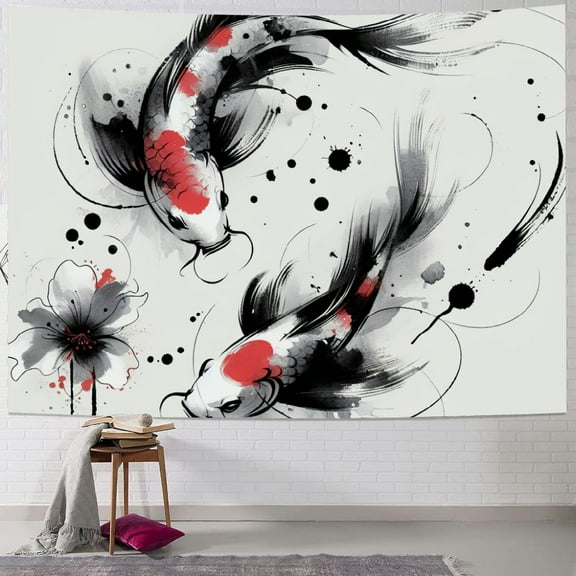 Autua Koi Fish Ink Wash Sumi-e Style Tapestry Wall Hanging Unique Graphic Tapestries for Home Decor Living Room Bedroom Dorm 40x30inch