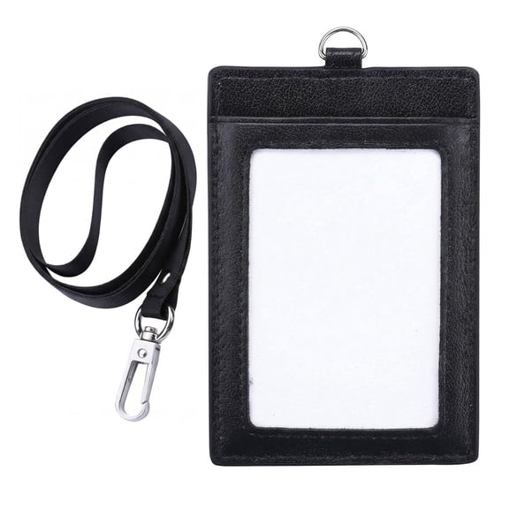 Genuine Leather Badge Holder with Lanyard, Vertical ID Card Holder, Black