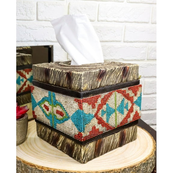 Rustic Western Turquoise Aztec Tribal Pattern Faux Wood Tissue Box Cover Decor