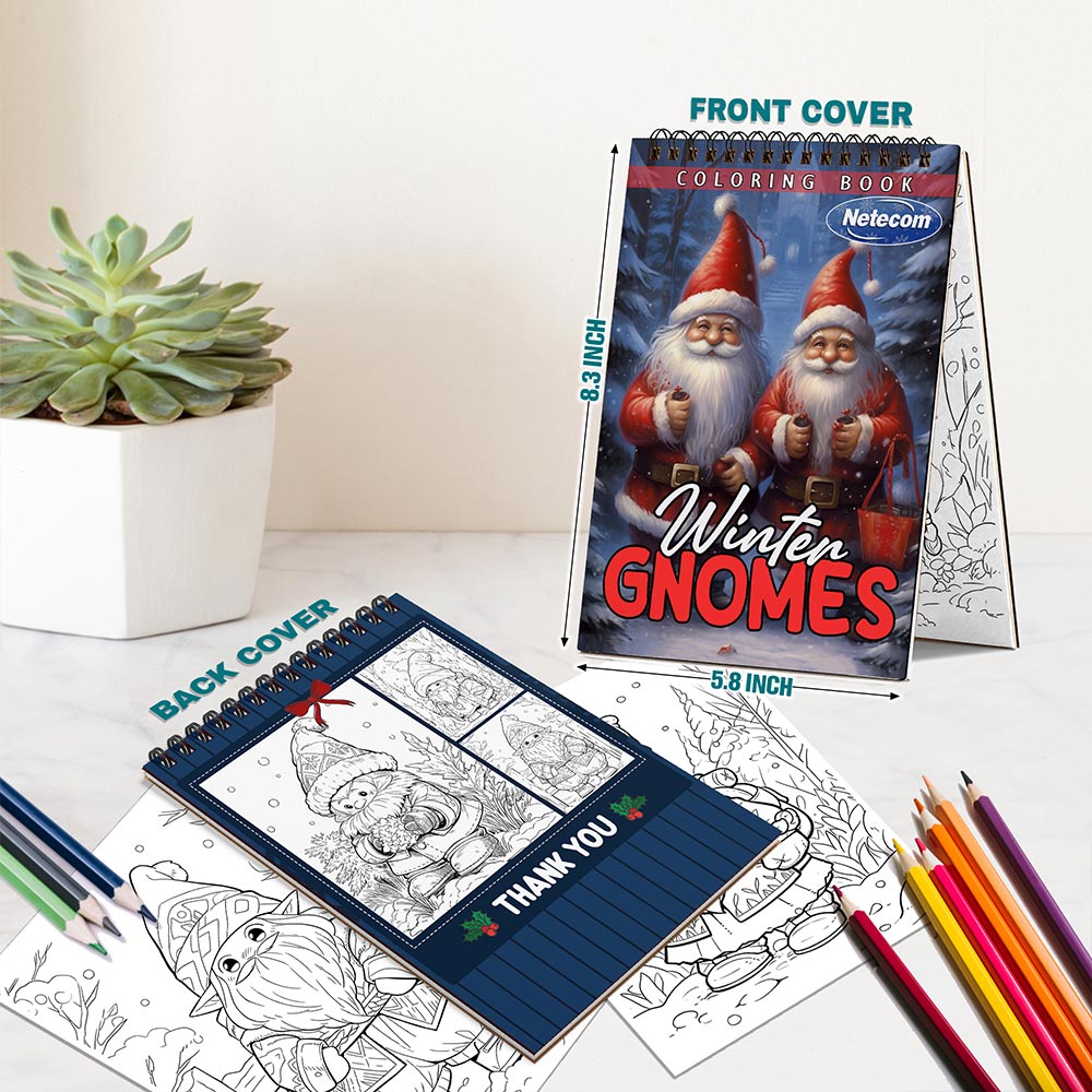 Netecom Winter Gnomes Coloring Book Spiral Bound for Adults, A5 Wooden Cover, 30 Delightful Coloring Pages of Gnomes in Winter Activities for Stress Relief and Relaxation