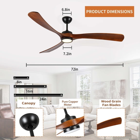 Miniyam 72 inch Wood Ceiling Fan with Light, Low Profile Ceiling Fan with Remote Control, Noiseless Reversible DC Motor with Timer