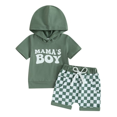 

Mevireiy Mamas Boy Summer Outfits Hoodie Pullover Tops Checkerboard Elastic Waist Shorts Green 6-12 Months
