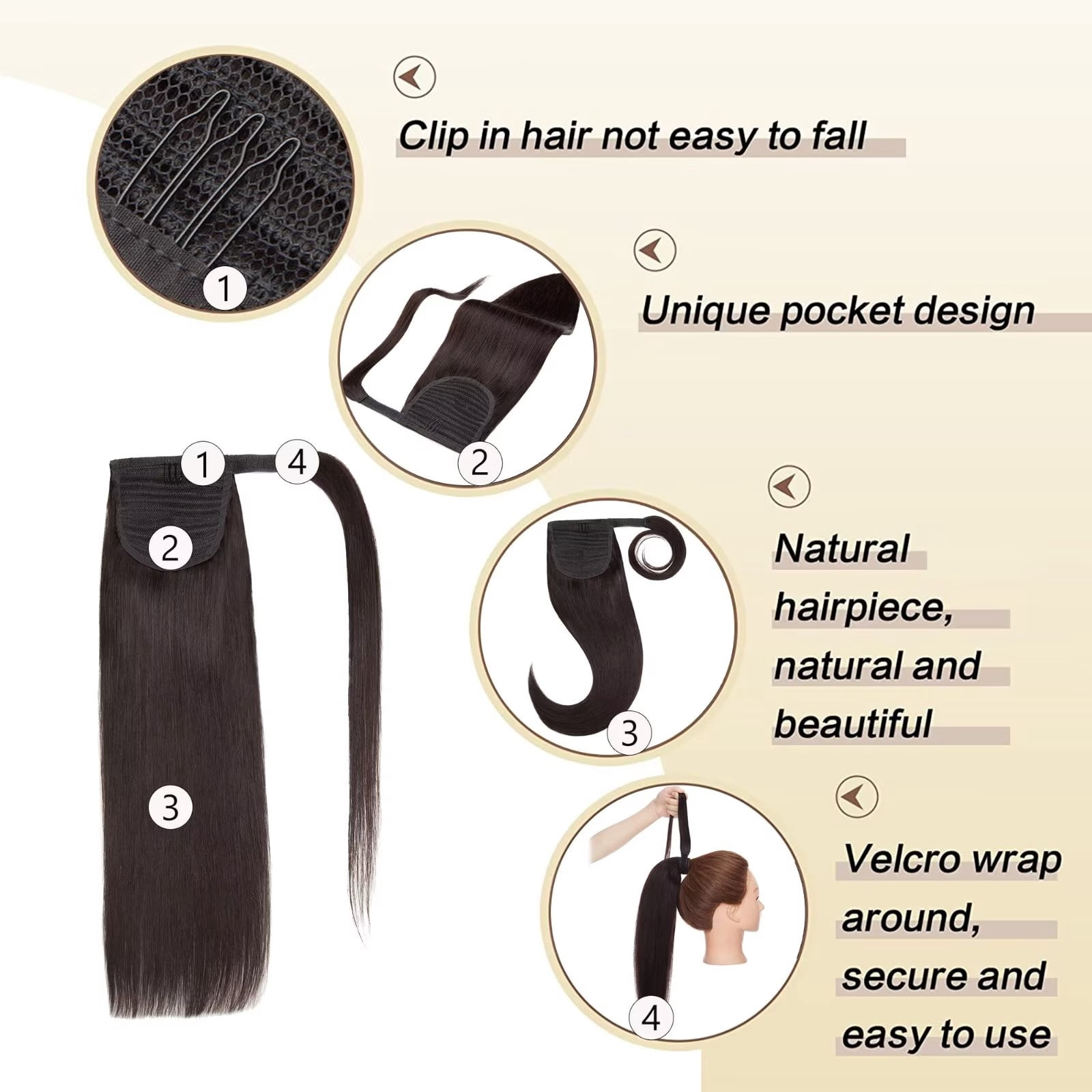 MY-LADY Remy Human Hair Extensions Ponytail Magic Paste Extensions Hair Wrap Around Ponytail Hair Piece Clip in Straight 22inch #1B Natural Black