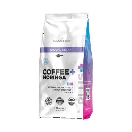 Livingood Daily Coffee with Moringa, Ground Decaf Coffee with Plant Based Ingredients for Daily Wellness, Made with Moringa Powder, Organic, Non GMO, Vegan, Gluten Free, 20 Servings, 12 oz Bag