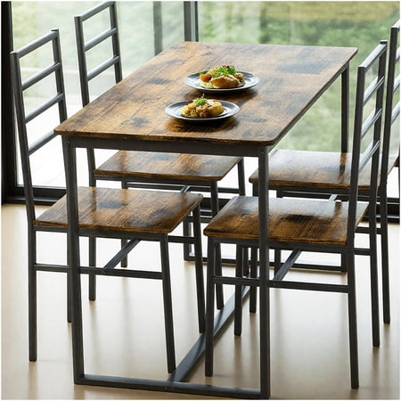 Modern 4-Piece Dining Table Set with Chairs Dark Walnut MDF Top and Iron Frame for Kitchen and Dining Room