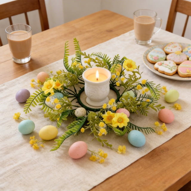 Dvkptbk Easter Candle Rings Holder Wreaths Spring Pastel Eggs Flowers Candle Holder Rings for Spring Easter Rustic Table Centerpiece Decor