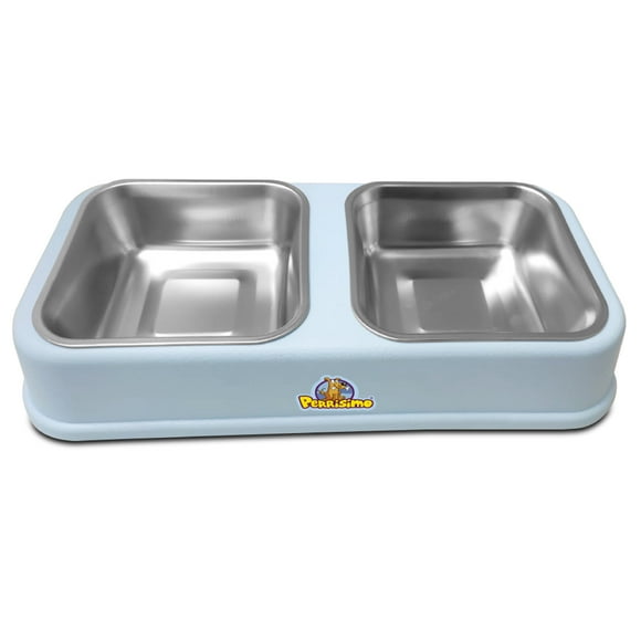 Plato Para Mascotas Acero Doble Perrísimo Cuadrado Azul