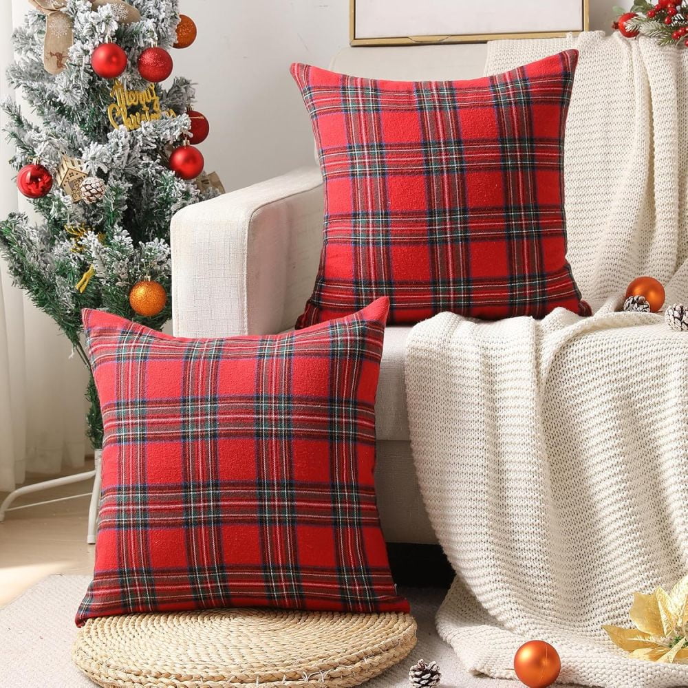 Christmas Pillow Cover 20x20 Set of 4 - Red Tartan Checkered Throw Pillow Cover, Farmhouse Buffalo Plaid Xmas Decorative Cushion Case for Couch Sofa, Christmas Holiday Decor