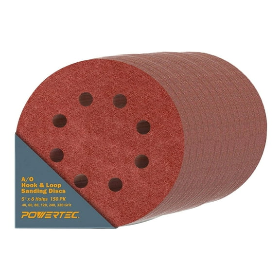 POWERTEC 150PK 5 Inch 8 Hole Hook and Loop Sanding Discs, 40/60/80/120/240/320 Assorted Grits, A/O Sandpaper for Random Orbital Sanders (45058)