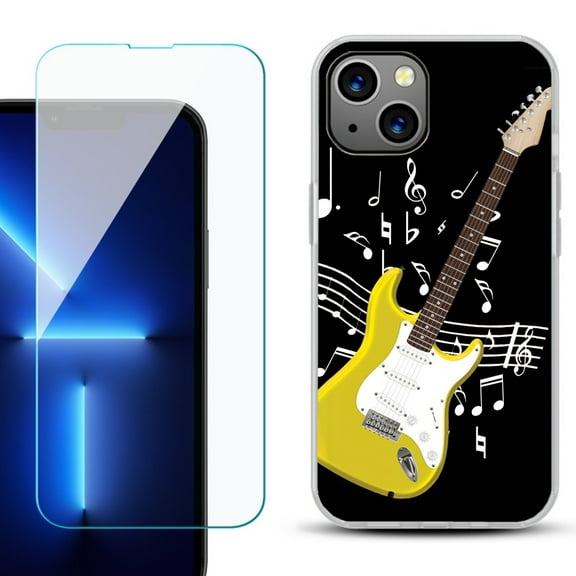 Slim-Fit Gel TPU Phone Case for iPhone 14, with Tempered Glass Screen Protector, by OneToughShield ® - Guitar Yellow