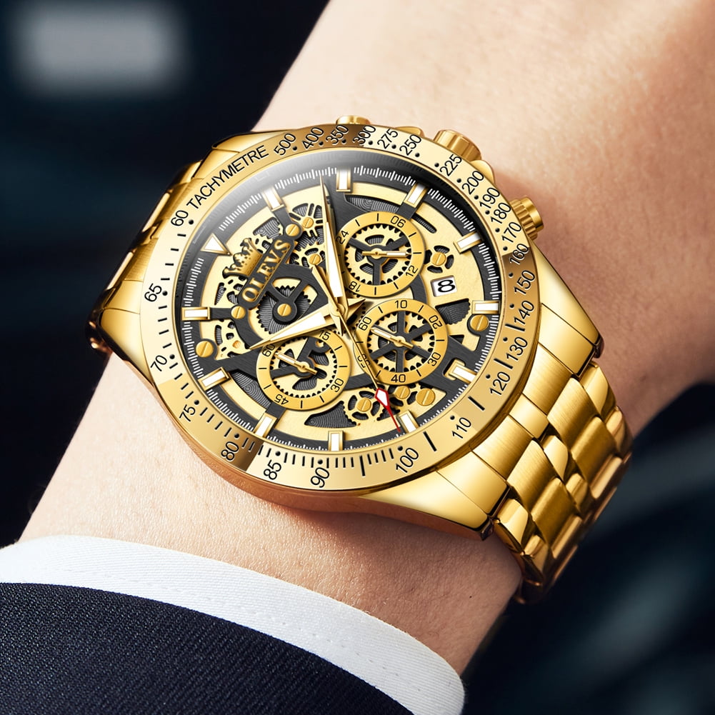 OLEVS Watches for Men Waterproof Luxury Dress Analog Quartz Chronograph Fashion Gold Plated Stainless Steel Luminous Date Classic Mens Wrist Watches Reloj Para Hombre Gold/White/Black Dial