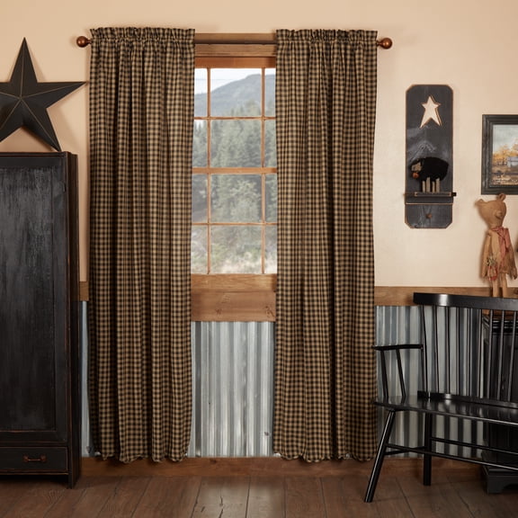VHC Brands Black Check Scalloped Panel Set of 2 84x40 Country Rustic Design, Black and Tan