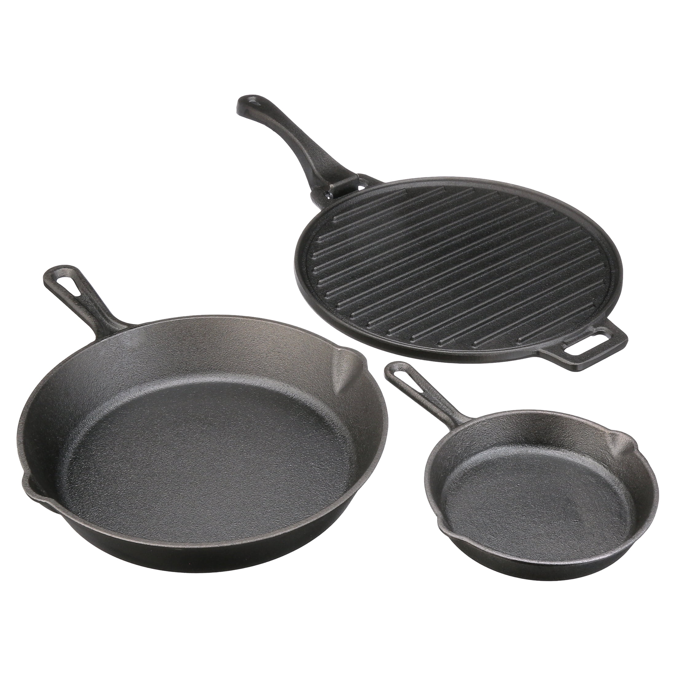 Ozark Trail 4-piece Cast Iron Skillet Set with Handles and Griddle, Pre-seasoned, 6", 10.5", 11"