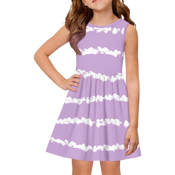CCRFTGI Girls Dresses 10-12 Mini Light Purple Striped Dress Holiday Wedding Sleeveless Girls Clothes 2026 Summer Fashion Casual Beach Fancy Dress for Girls Light Purple 2-3 Years