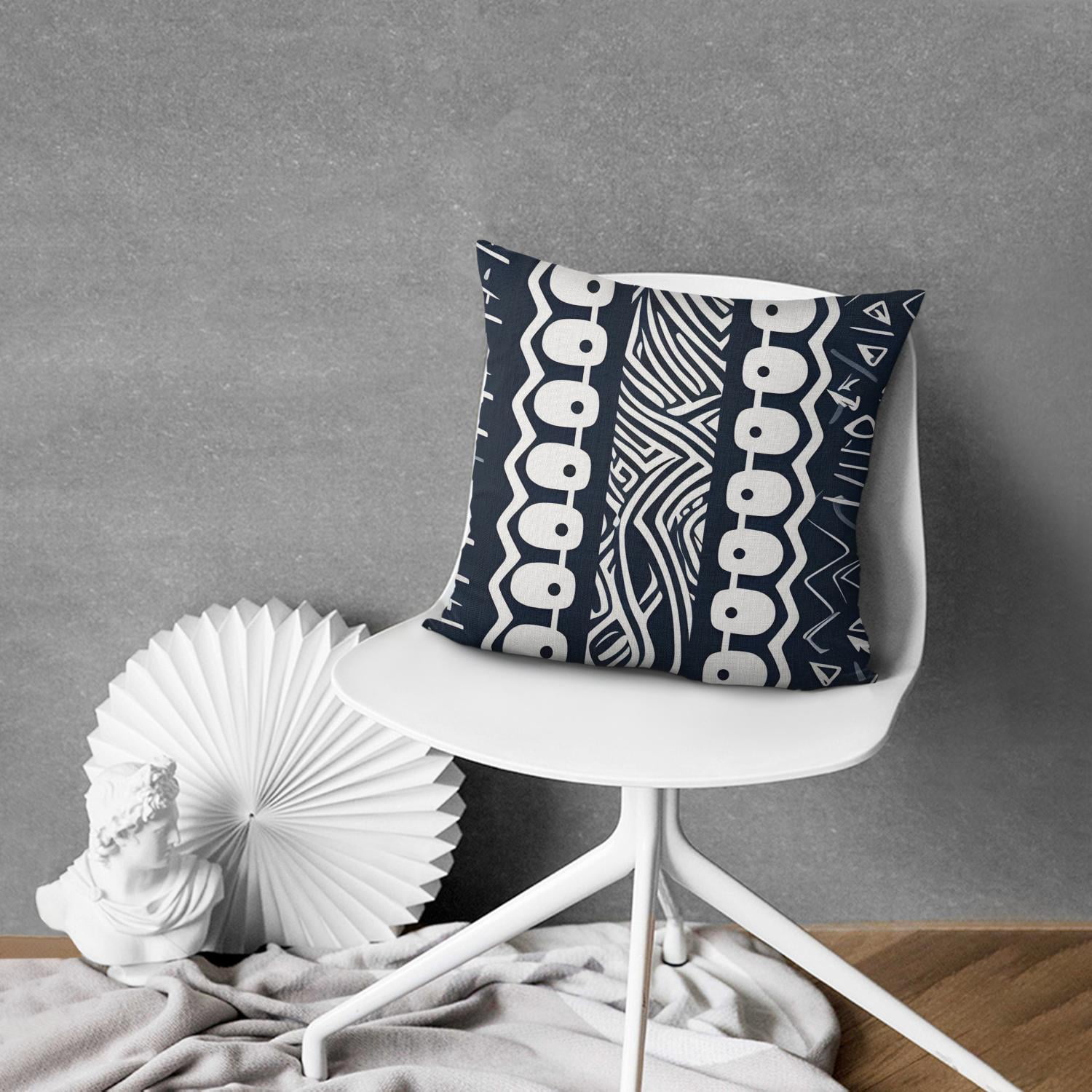 Blue Bohemian Geometric Lines Throw Pillow Covers 18"x18", Set Of 4, Linen Study Sofa Cushion Cover Indoor Living Room Home Decor