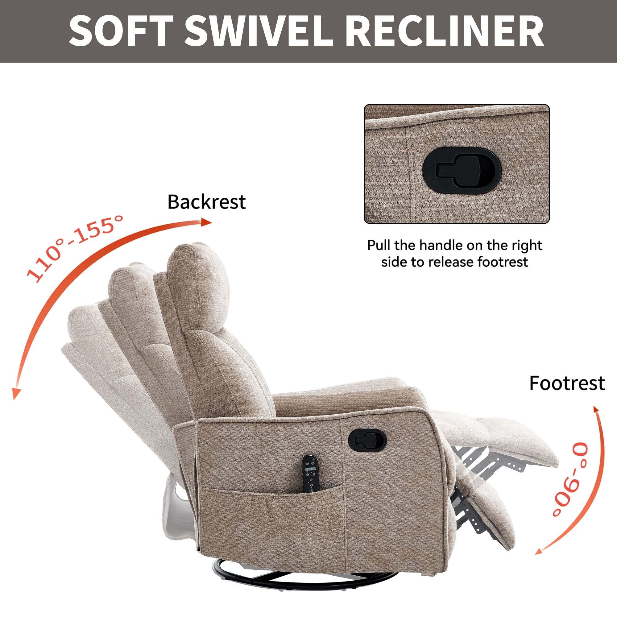 Leumius Manual Swivel Rocker Recliner Chair for Adults,Overstuffed Reclining Glider Chair with Vibration Massage & Heat,Upholstered Recliners with Side Pockets for Living Room,Khaki Chenille