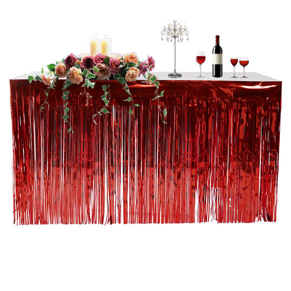 Metallic Fringe Foil Table Skirt Tinsel Table Curtain for Luau Party