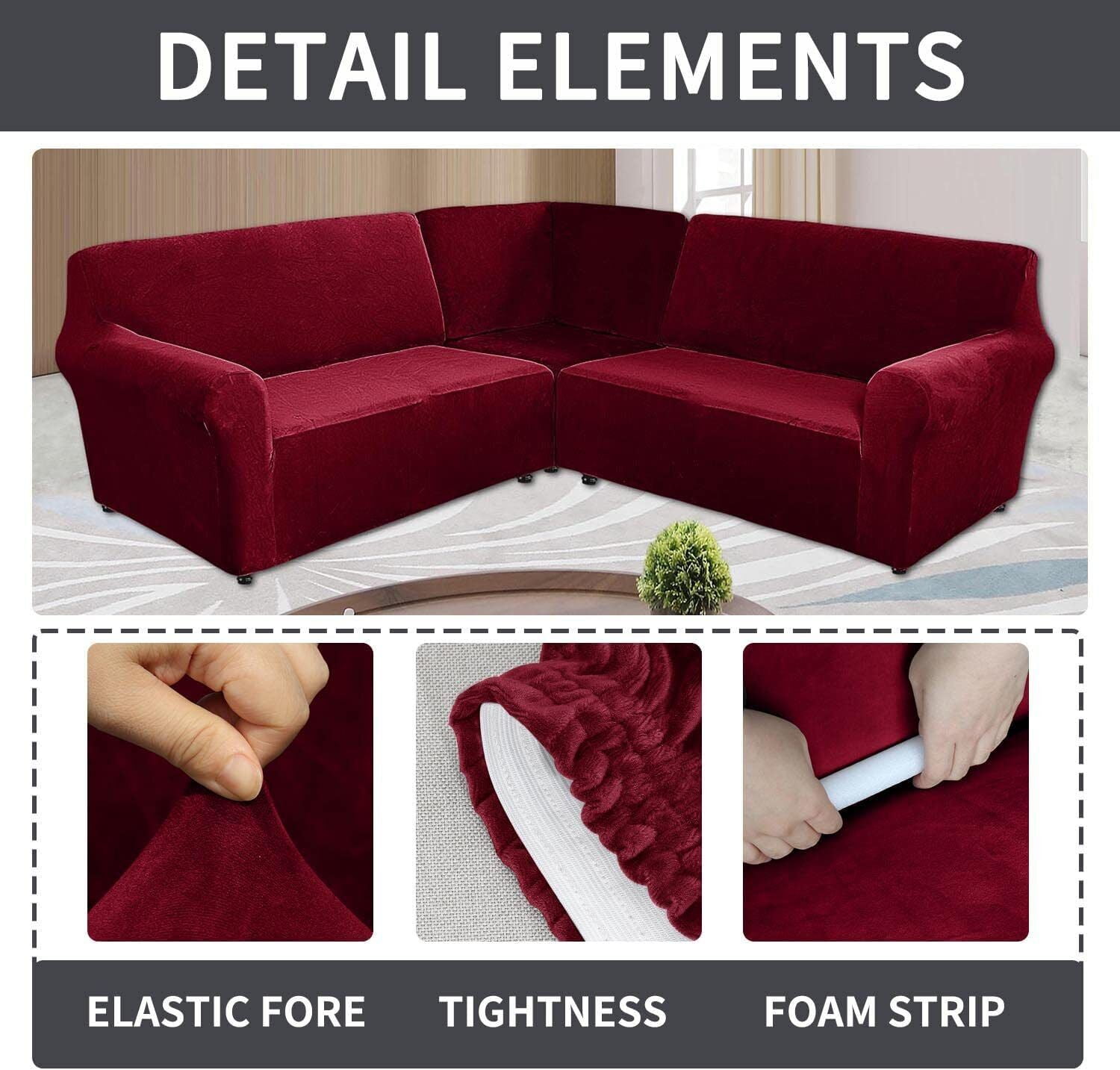 TOPCHANCES 3-Piece Velvet Recliner Sofa Covers, 7 Seat L-Shaped Corner Sofa Covers, Stretch Sectional Couch Slipcover ( Wine Red )