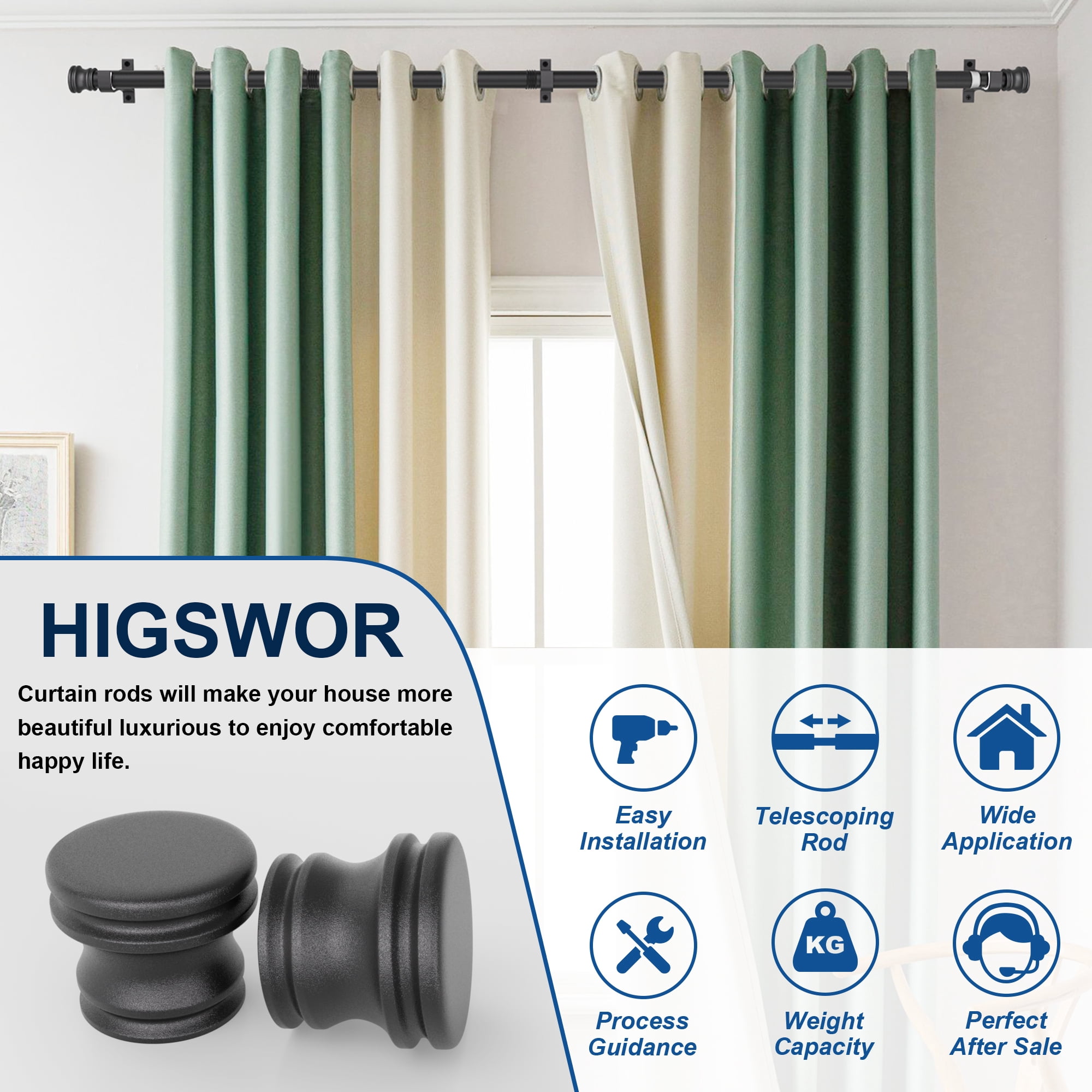Curtain Rods for Windows  28 to 48 Inch, Black Curtain Rod, Heavy Duty Industrial Curtain Rods, Drapery Rods, 1 Inch Adjustable Indoor/Outdoor Curtain Rod 32-48"