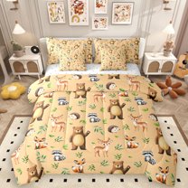 Manfei Kawaii Bear Deer 7-Piece Twin Bedding Sets for Kids, Cartoon Fox Hedgehog Bedding Comforter Set, Wildlife Animal Reversible Sheet Sets, Luxury Bedroom Decor