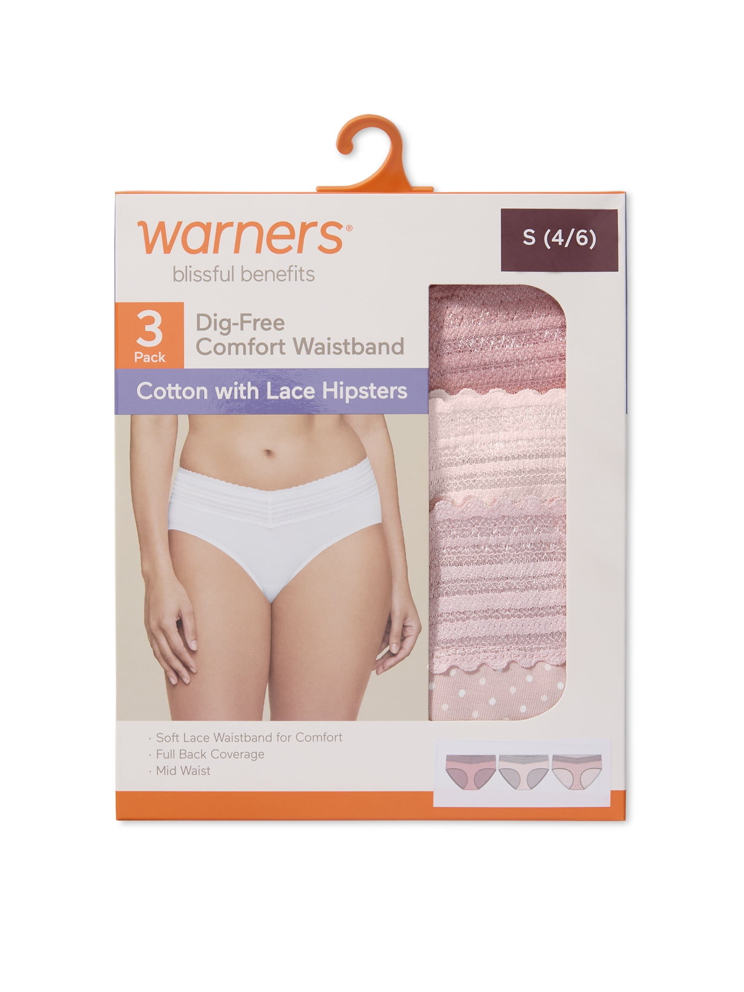 Warners® Blissful Benefits Women's Dig-Free Comfort Mid Waist Cotton Hipster with Lace 3-Pack S-3XL