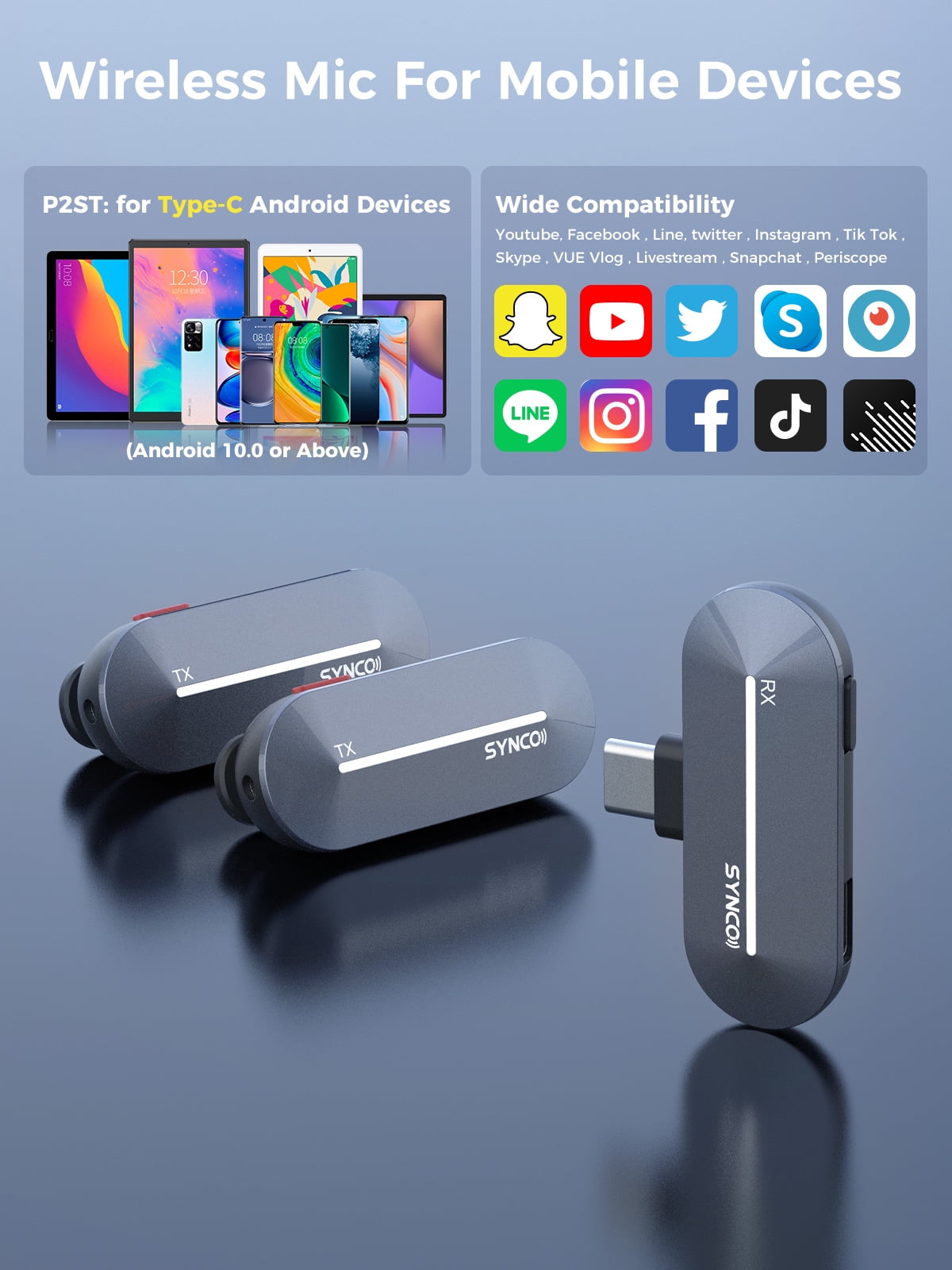 SYNCO  P2ST 2 Mics Wireless Lavalier Microphone, USB-C Wireless Microphones With Charging Case for  iPhone 15, Andriod Phone,Professional Lapel Mics for Tiktok, YouTube, Streaming
