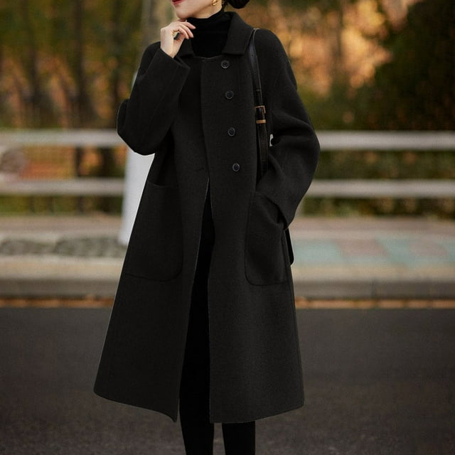 EGNMCR Trench Coats for Women Notch Lapel Single Breasted Wool Long Jacket Winter Solid Color Overcoat Coats with Pockets