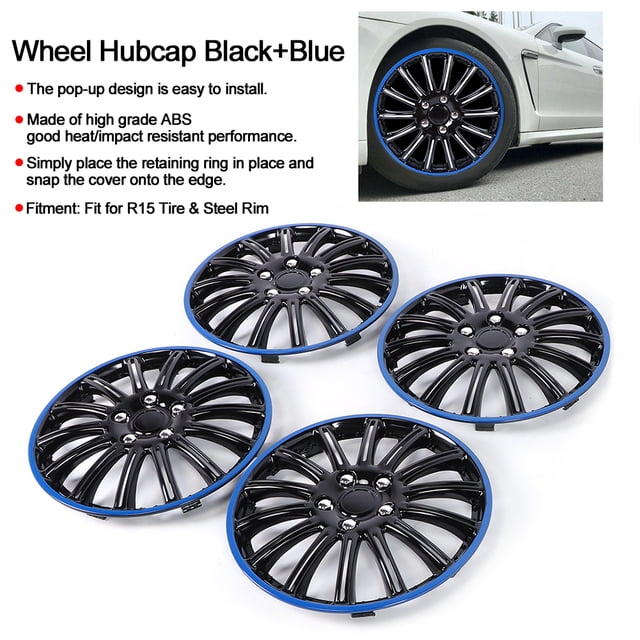 AMONIDA Center Cap For Rims Hubcaps Wheels 15in Wheel Hubcap Snap On Hub Caps Cover Black+Blue Fit For R15 Tire & Steel