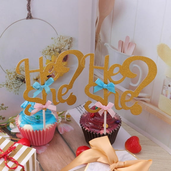MLINS He or She Gender Reveal Cake Toppers for Birthday Made of Paper Multi Color 6pcs