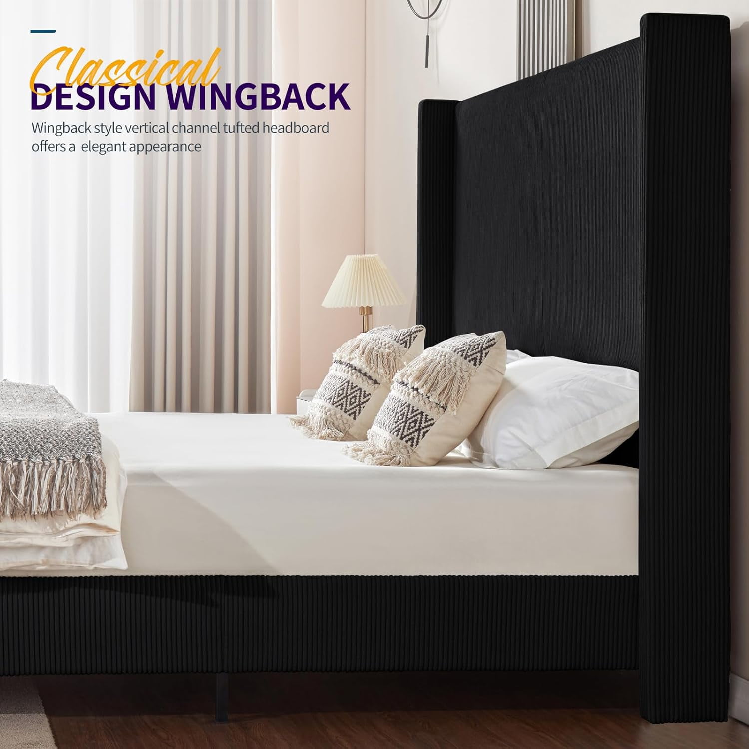 VanAcc King Size Platform Bed Frame with 62" Headboard Corduroy Upholstered Bed/Wingback/No Box Spring Needed/Noise Free/Black