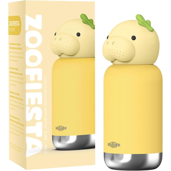 Zoofiesta Insulated Stainless Steel Tumbler with Detachable Soft Animal Head,Leakproof BPA-Free,15.2oz Kids Water Bottle with Straw for School and Travel(Dugong)