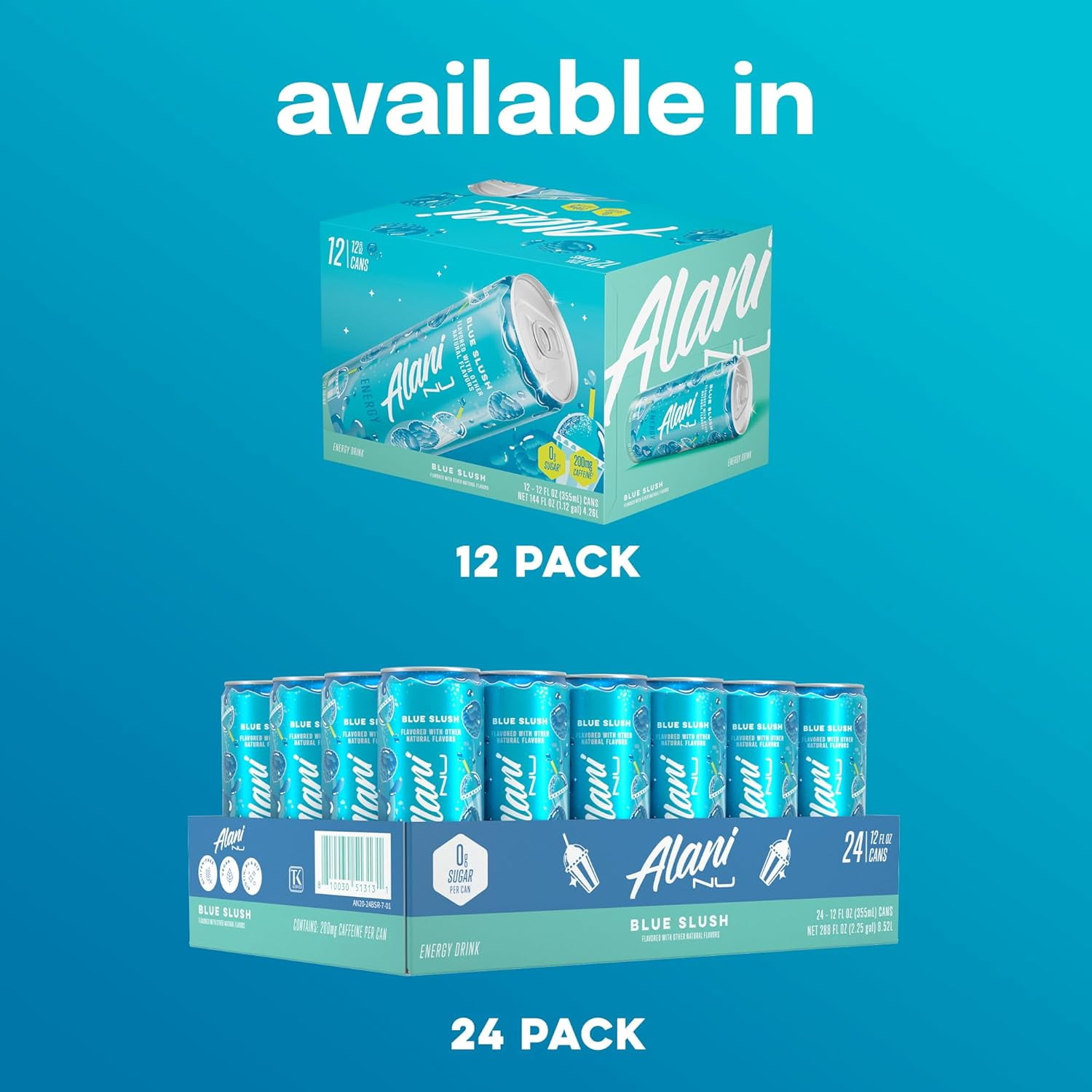 Alani Nu Sugar Free Energy Drink, Blue Slush, 12 fl oz, 12 Pack, Cans, 200mg Caffeine