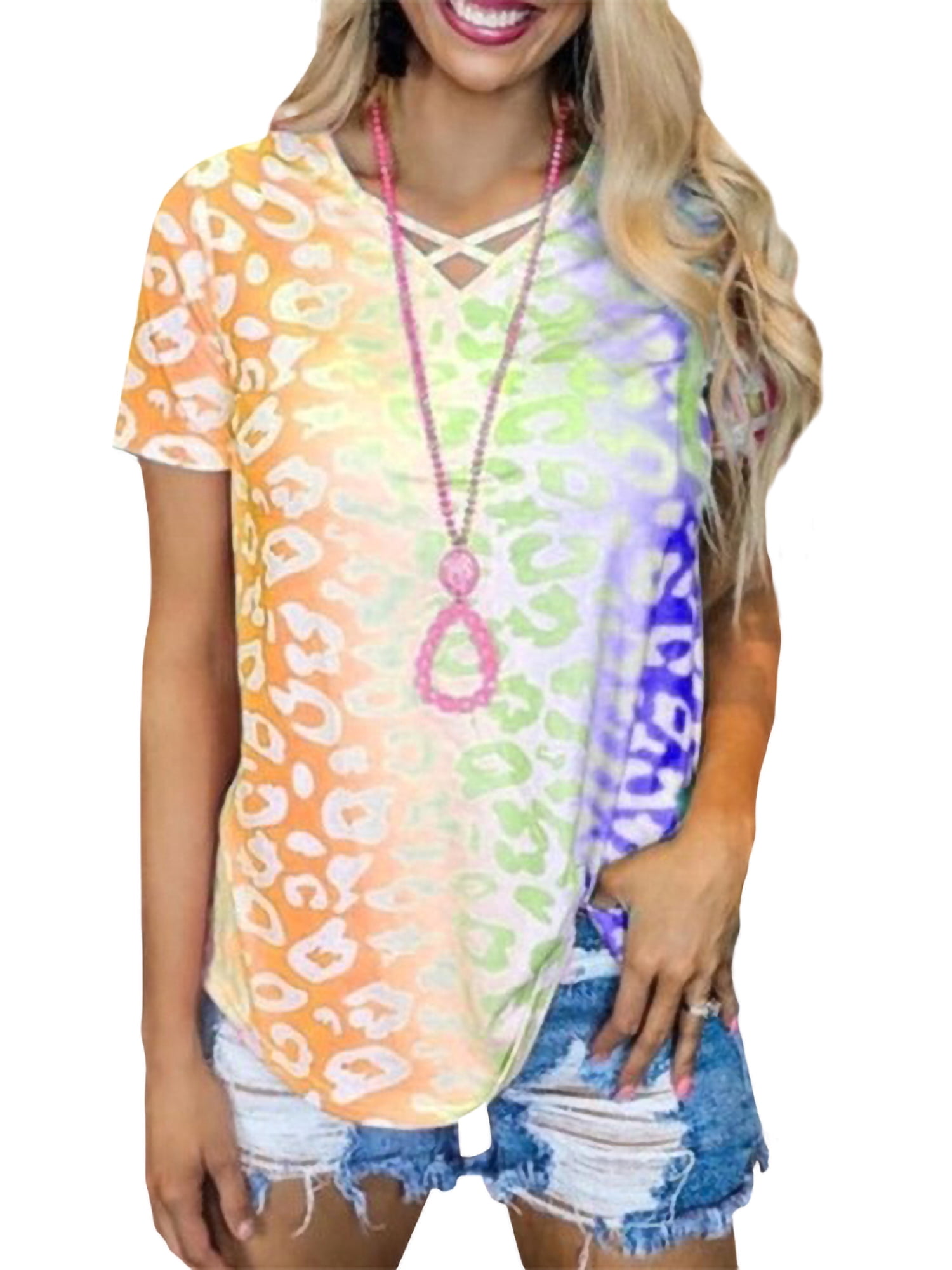 Womens Printing T Shirt Tie-dye Gradient Colorful Shirt Short Sleeve V-Neck Loose Blouses Casual Animal Lover Gift Tops 