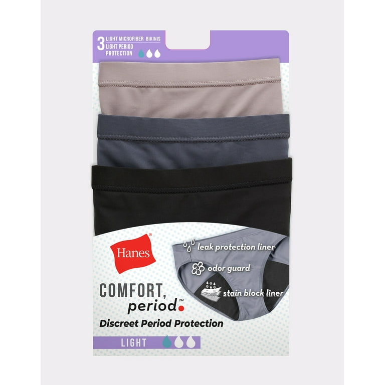 Hanes Comfort, Period. Women's Bikini Underwear, Light Leaks, Neutrals, 3- Pack Assorted 8 