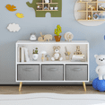 thumbnail image 2 of PORKISS Kids Bookshelf, Wood Kids Bookcase with 3 Collapsible Fabric Drawers, Freestanding Bookshelf for Kids, Modern Toy Storage Organizer for Kids Room, Living Room, Easy to Assembly, White/Grey, 2 of 11