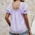 thumbnail image 3 of Camiseta informal plisada doble con decoración jacquard y manga corta abombada para mujer para uso en verano, color morado claro M, 3 of 5