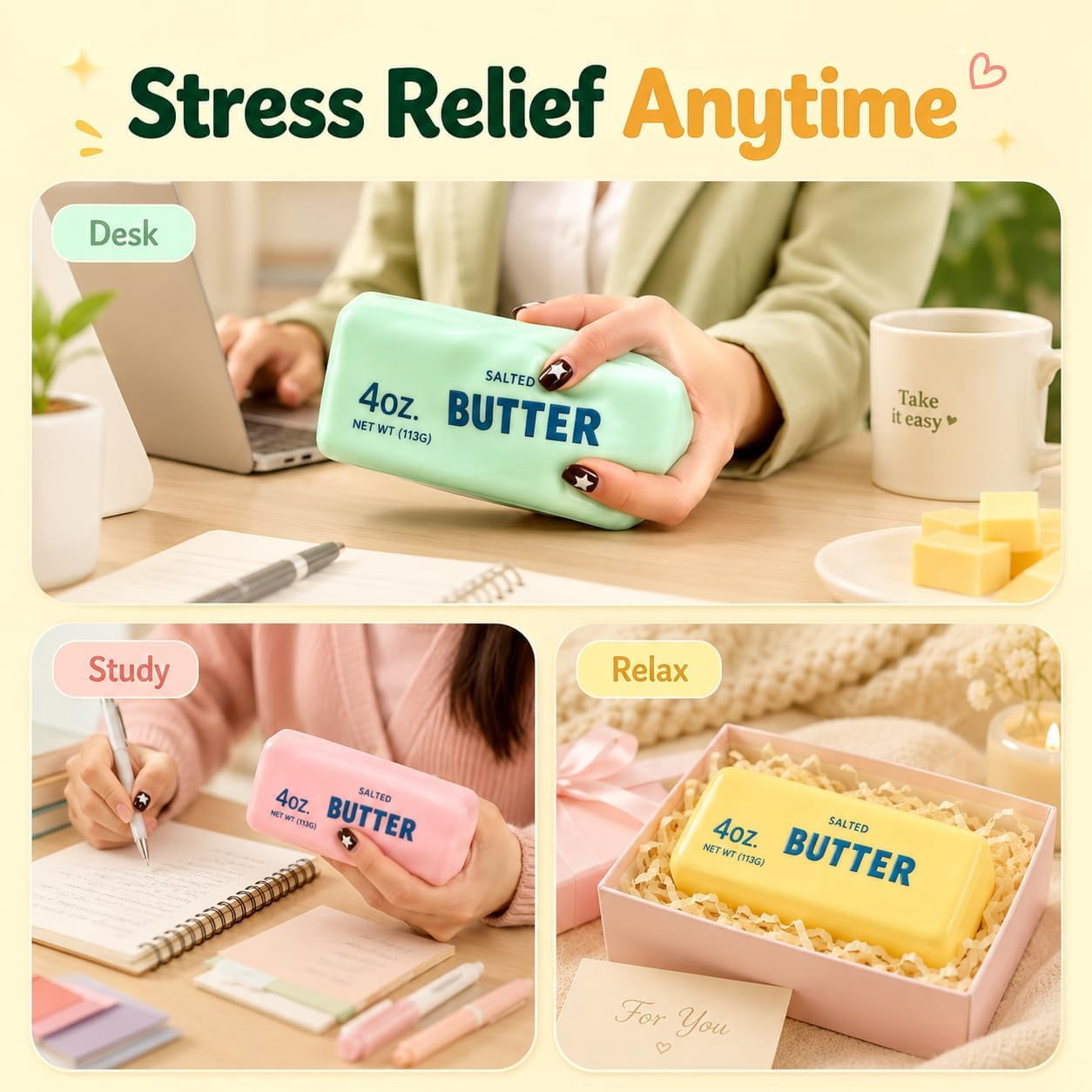 Crunchy Butter Squishy Asmr Bead Filled, Slow Rising Squeeze | Crunchy Butter Squishies Realistic Food Stress Stick Rebound Calming Desk Decor Favor Gifts for Adults(Yellow Butter)