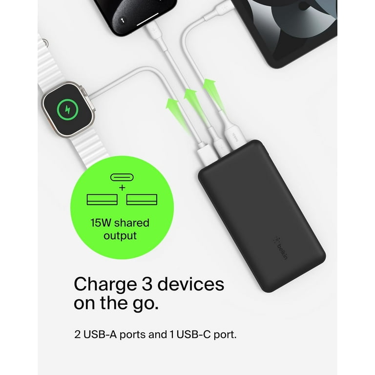 Belkin 20,000mAh USB-C Power Bank, Portable Charger w/ 2 USB-A Ports, 15W +  USB-A to USB-C Cable for iPhone 16/15, Galaxy S25/S24, Pixel 9, iPad,  Nintendo Switch 2 & More  Black -