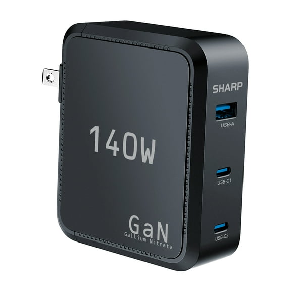Sharp 140W USB C Charger, Compact Foldable GaN Fast Charge 3-Port (2 USB-C, 1 USB-A), Compact Foldable Wall Charger for MacBook Pro/Air, iPad Pro, iPhone 15/Pro, Galaxy S22/S21, Dell XPS, Black
