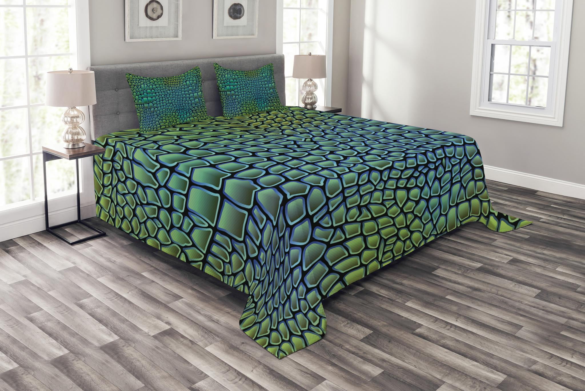 Abstract Bedspread Set, Alligator Skin African Animal Crocodile Reptile Safari wildlife Vibrant Artwork, Decorative Quilted Coverlet Set with Pillow