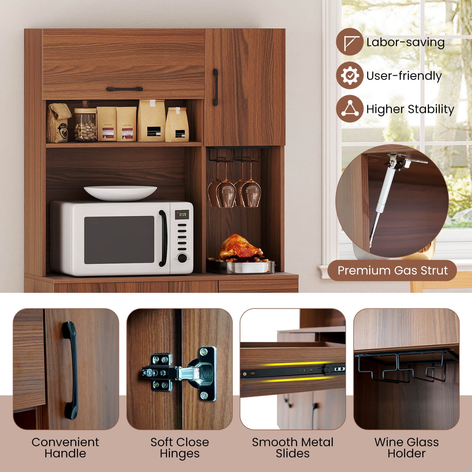 Costway 66" Pantry Cabinet Tall Kitchen Storage Cabinet with Charging Station Brown