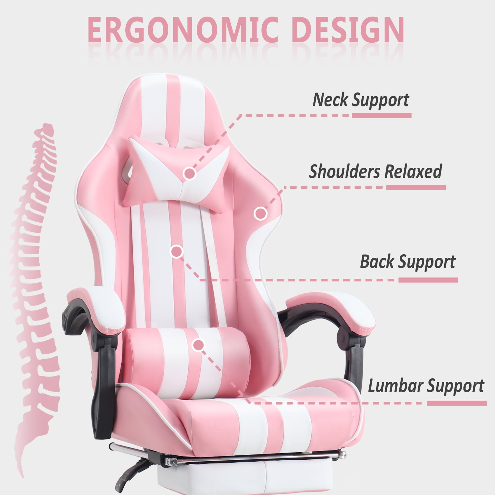 Luxvie Pink Gaming Chair with Footrest High Back Ergonomic Office Gamer Chair with Massage and Headrest Lumbar Support Swivel Seat Computer Game Chair for Adults